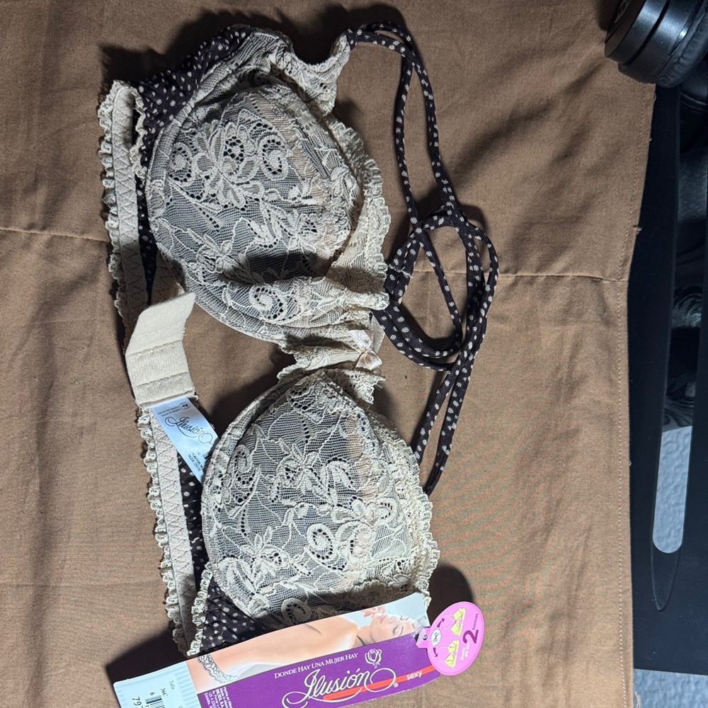 Lace Overlay Bra with Polka Dot Straps